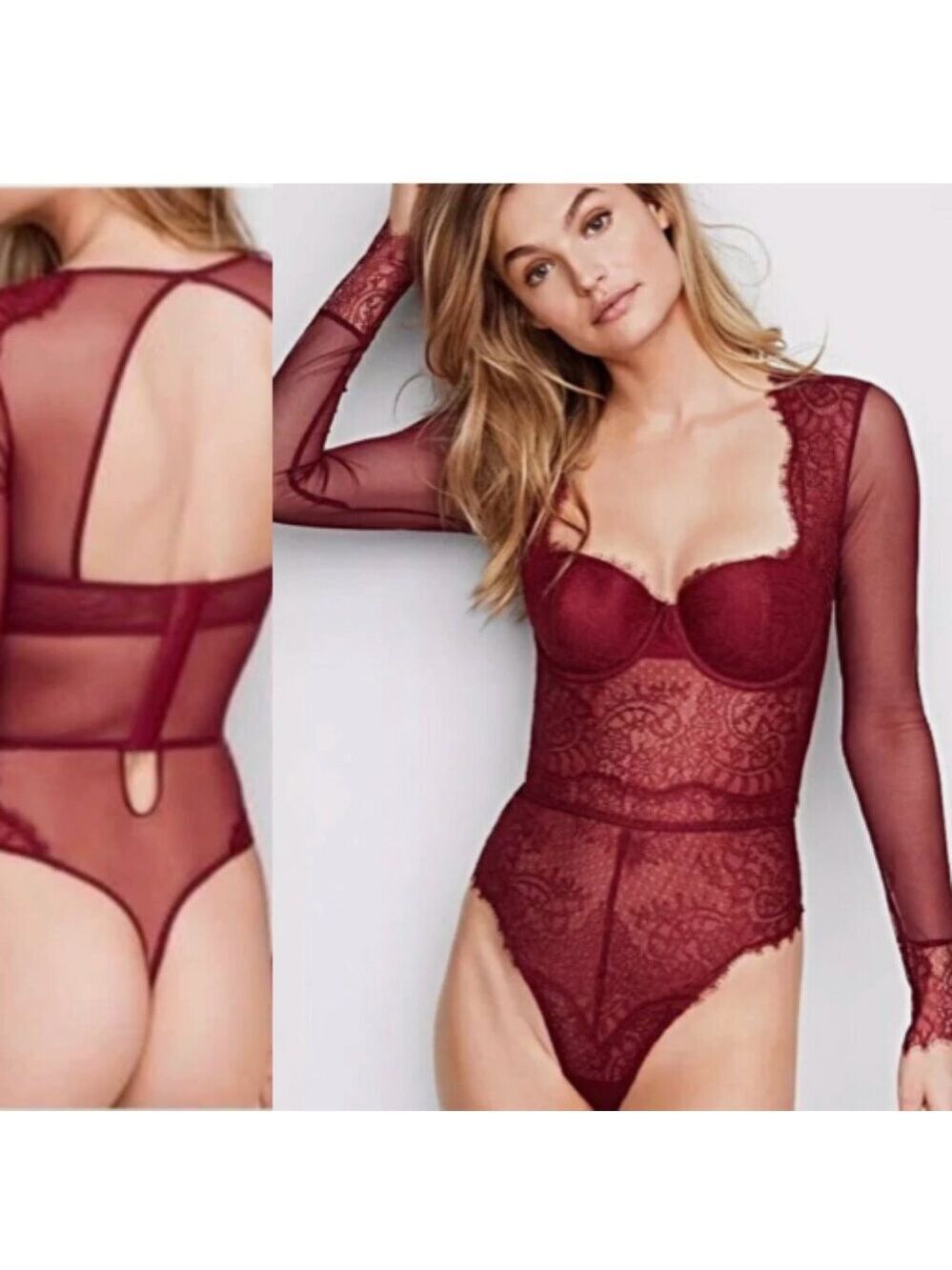 Victoria's Secret Bombshell Bodysuit Thong Long Sleeve Eyelash Lace Burgundy